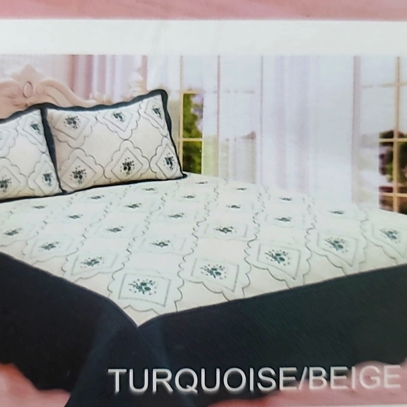 Quilt Fancy Embroidery 3 piece Set Size Queen Turquoise/beige color - Picture 3 of 3